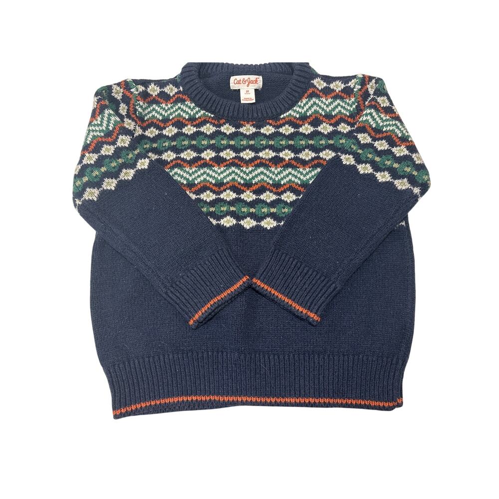Cat & Jack boys' 3T crewneck pullover sweater navy blue + fair isle pattern